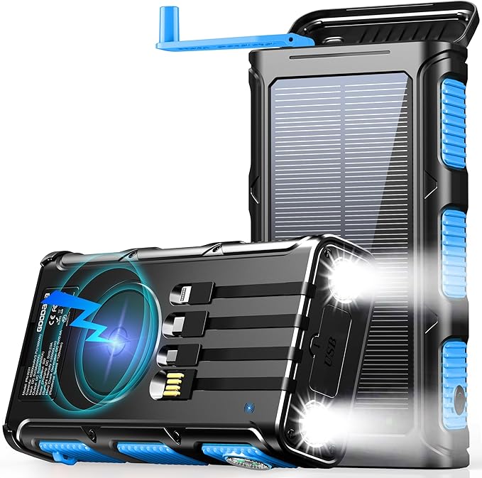 GOODaaa Power Bank Wireless Charger 45800mAh Built in Hand Crank and 4 Cables 15W Fast Charging Power Bank 7 Outputs & 4 Inputs Solar Portable Charger, SOS/Strobe/Strong Flashlights, Compass