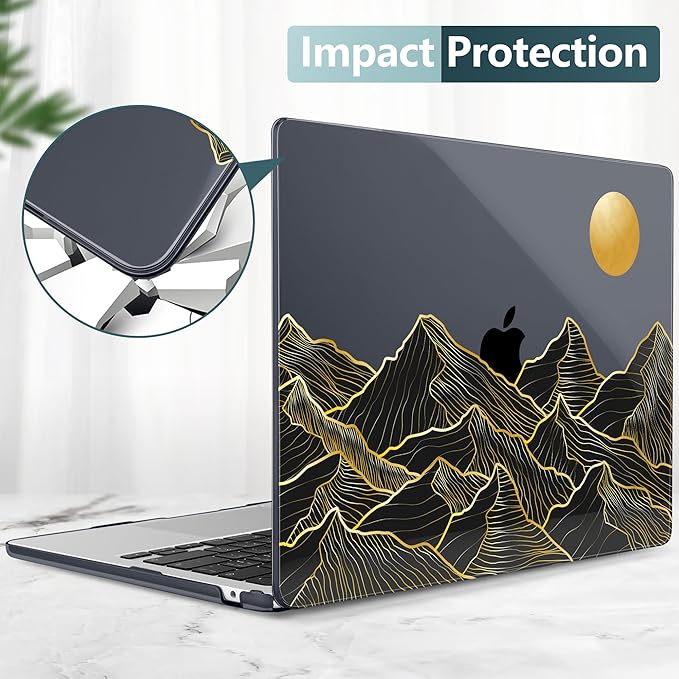 TWOLSKOO Compatible with M4 MacBook Air 15 inch Case 2025-2023 Released Model M4 A3241 M3 A3114 M2 A2941, Plastic Hard Shell & Screen Protector & Keyboard Cover & Trackpad Film, Golden Mountain