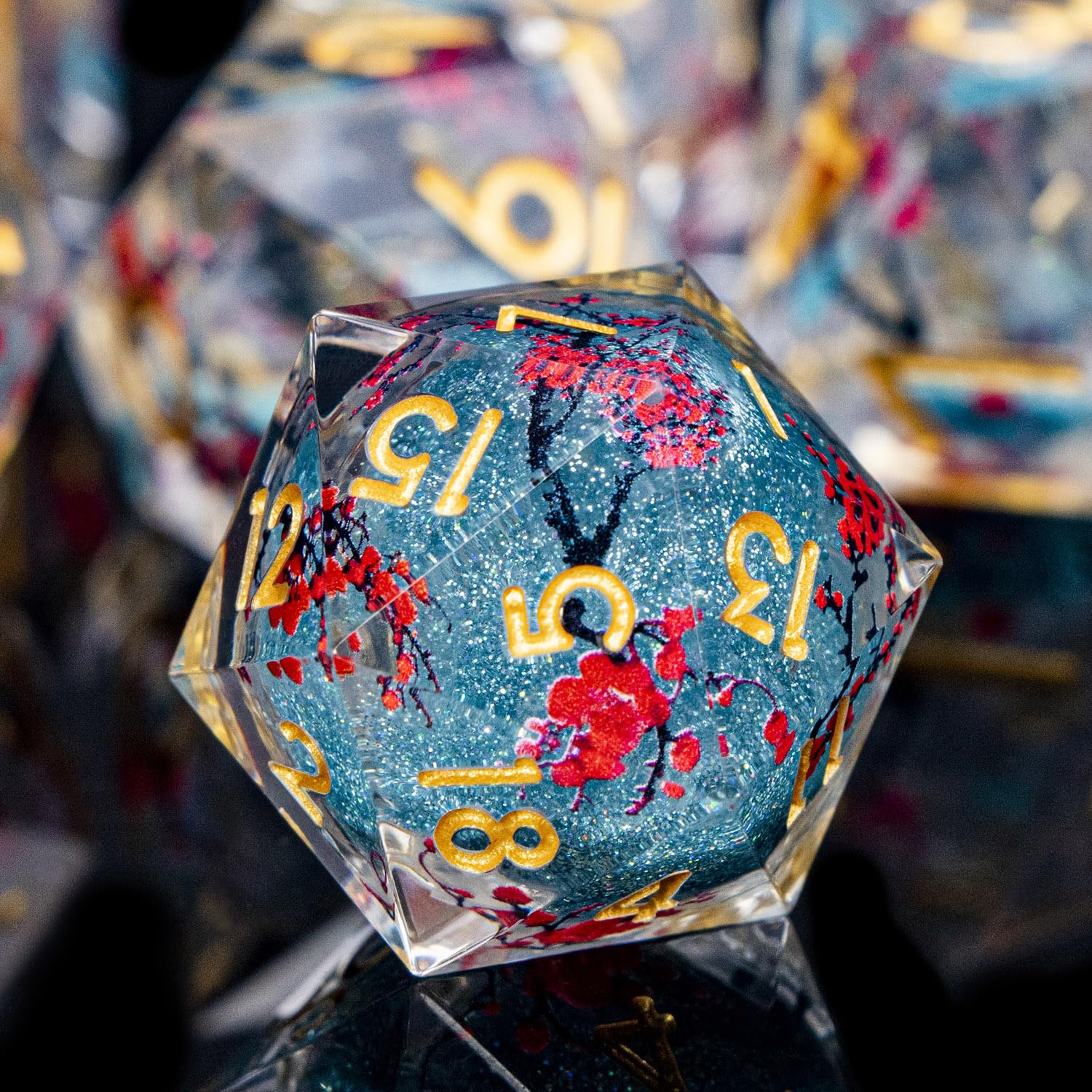 ORIFANTOU Plum Blossom DND Dice Blue Liquid Core Dice Set with Metal Box, Handmade Sharp Edge Dice D and D Polyhedral Dice for use with D&D RPG Role Playing Game