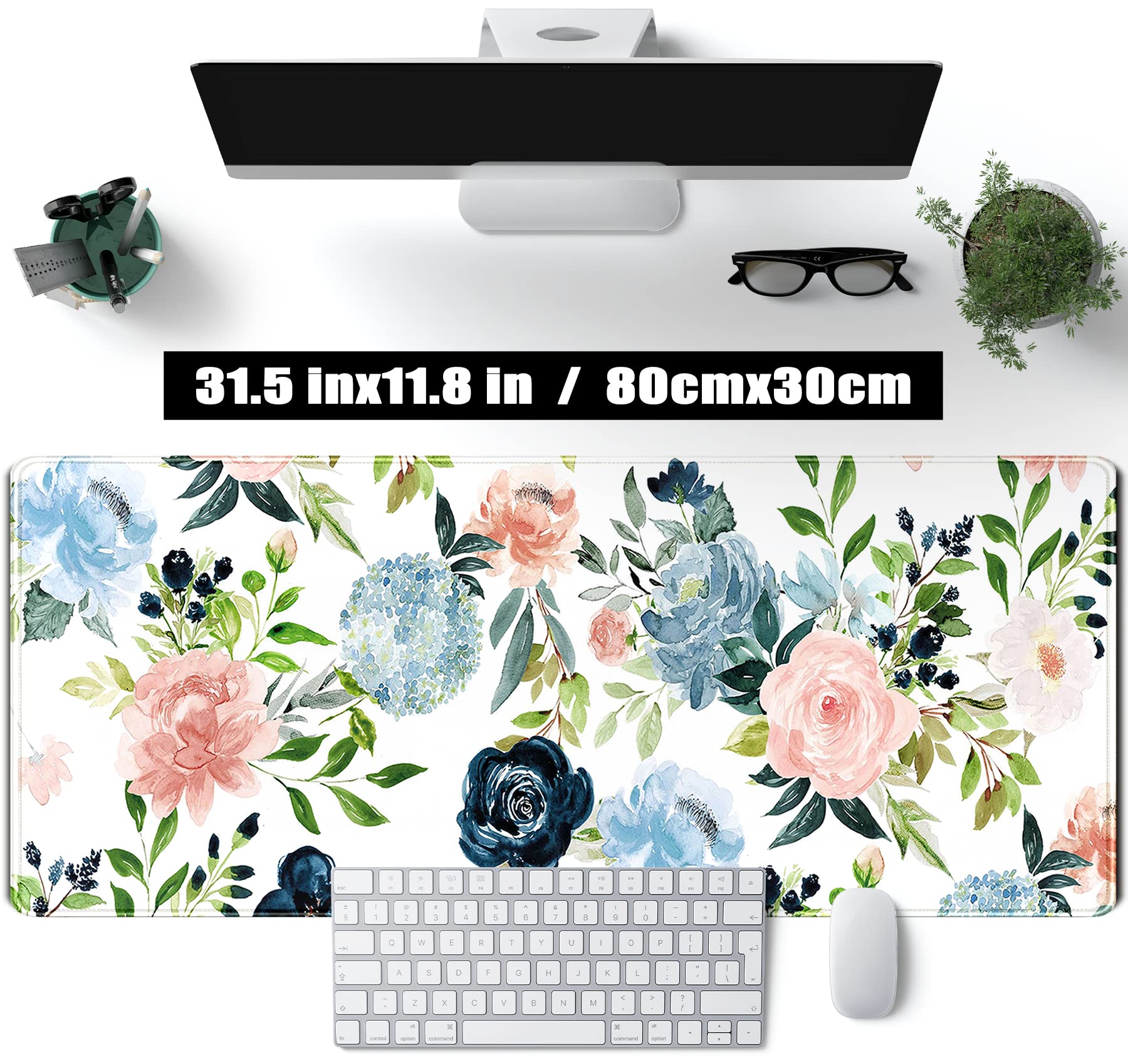Gaming Green Desk Mat Desk Mouse Pads Purple Blue Pink Floral Mouse Pad Large, XL Big Computer Keyboard Mouse Mat Desk Pad Mat with Stitched Edge for Women Home Office Decor Deskmat 31.5x11.8 in
