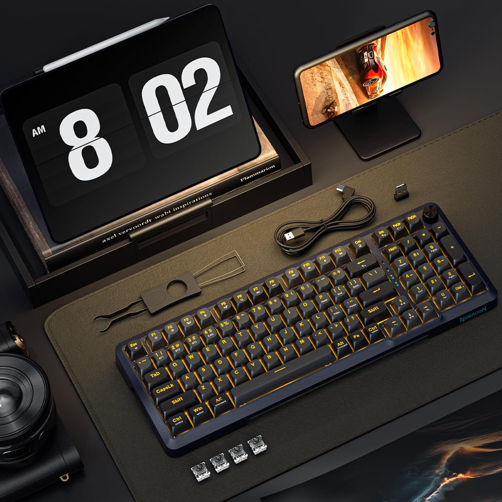 Redragon Wireless Mechanical Keyboard, 3 Mode Gasket Mounted RGB Gaming Keyboard with Volume Knob, Pre-Lubed Linear Switches, MDA-Profile, 98 Keys Hot Swappable Creamy Keyboard for PC/Tablet/Xbox/PS4