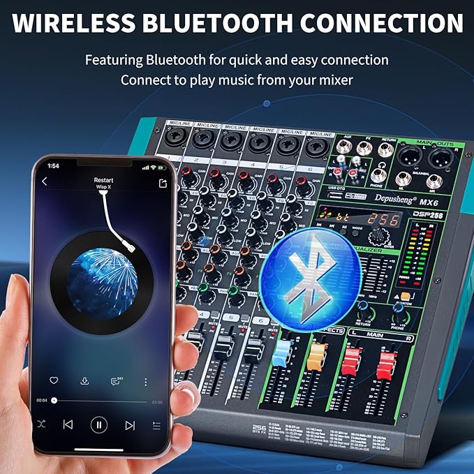 Depusheng MX6 6 Channel Sound Mixer Audio Mixing Console 48V 256DSP Professional USB PC Play Record Podcast Live Broadcast (US MX6)