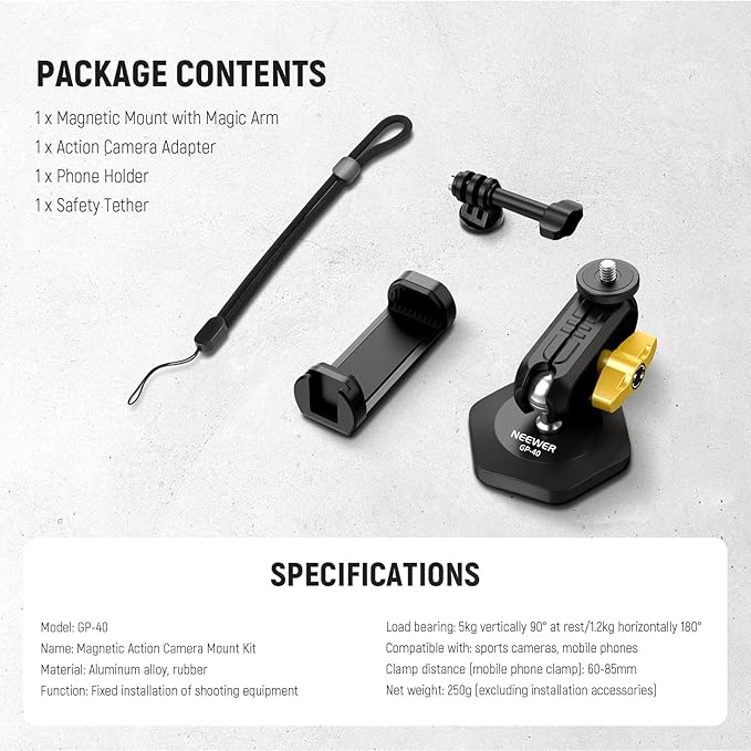 Neewer Magnetic Action Camera Car Mount Kit with Magic Arm Stand & Phone Holder Attachment Compatible with GoPro Hero 13 12 11 10 Go Pro Max DJI Action Insta360 iPhone 16 Pro Max S24 Ultra, GP-40