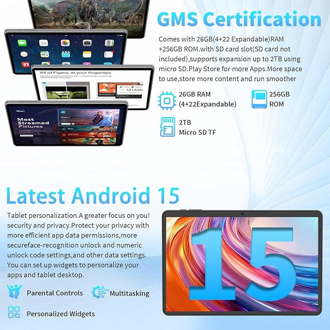 Android 15 Tablet 10 Inch, 26GB RAM+256GB ROM/2TB Expandable Tablet, 2 in 1 Tablets with Keyboard Case Mouse Stylus, 2.0GHz Octa-core CPU, IPS HD Screen, 5G WiFi BT 5.0, 8000mAh Battery (Silver)