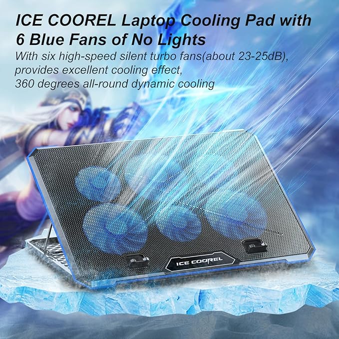 ICE COOREL Laptop Cooling Pad with 6 Cooling Fan, Laptop Cooler Fan with No Lights, Cooling pad for Laptop 15-17 Inches, Notebook Cooler Stand with 9 Height Adjustable, Cooler Pad for Lap or Desk Use