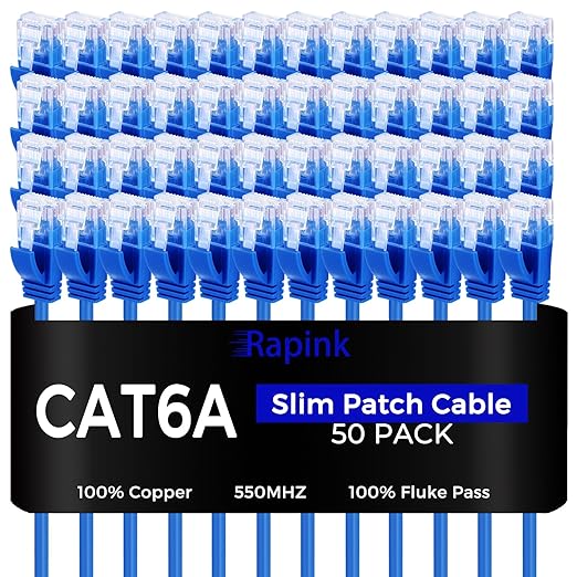 Rapink Patch Cables Cat6a 2ft (50 Pack) Slim, Cat6a Ethernet Patch Cable 10G Support, Snagless Cat 6 Patch Cable for Patch Panel to Switch, Flexiable Cat 6a Ethernet Cable with Gold Plated