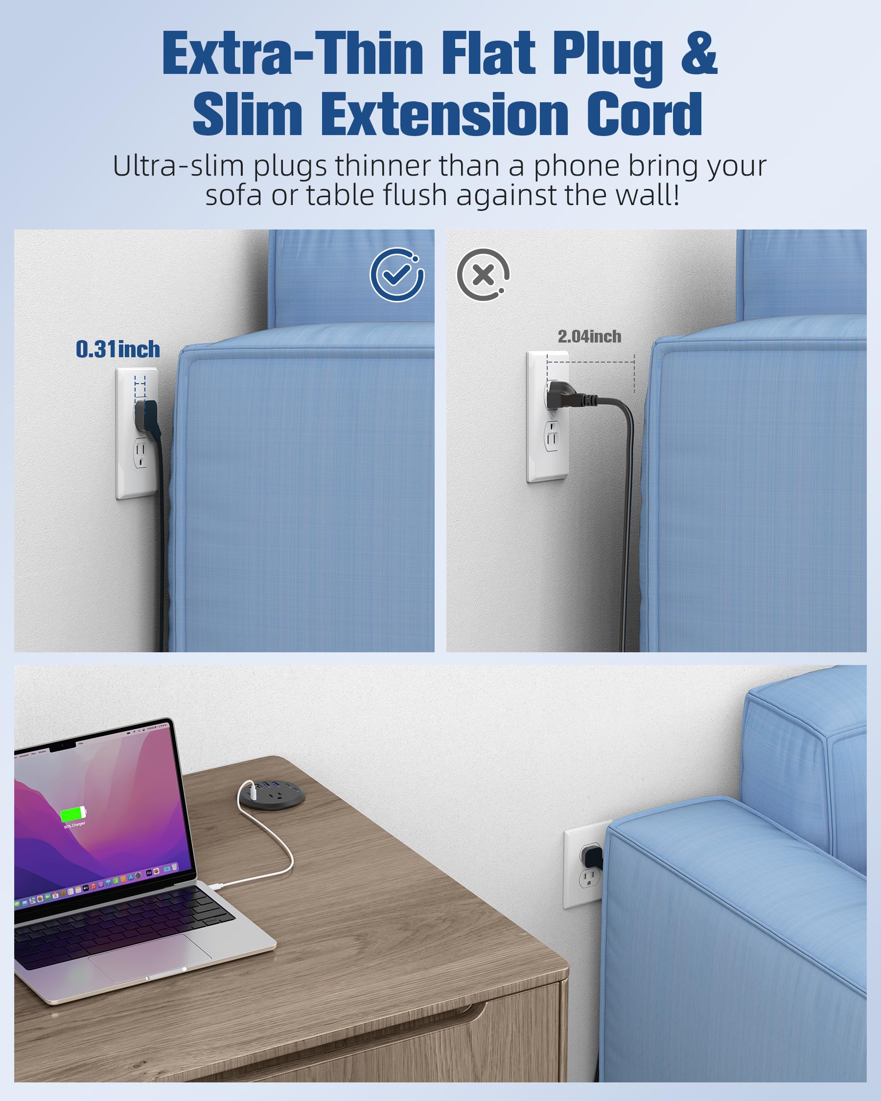 3 inch Desk Power Grommet USB C 65W,Ultra-Flat Plug Power Strip