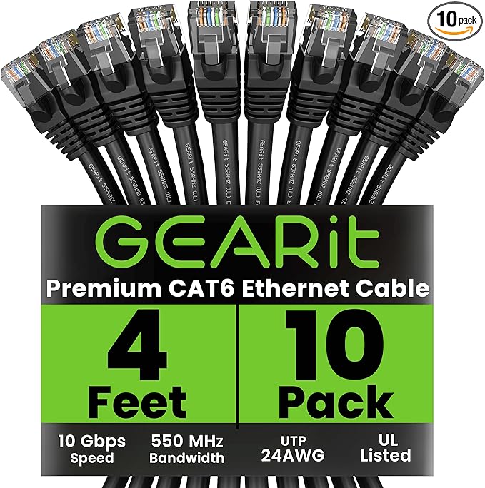 GearIT Cat 6 Ethernet Cable (10-Pack 4 Feet) Cat6 Network Patch, 10Gbps, RJ45, Snagless Cord, Gold-Plated Connectors, Internet for PC, TV, Tablet, Router, Printer, Servers, IT Data Center - Black