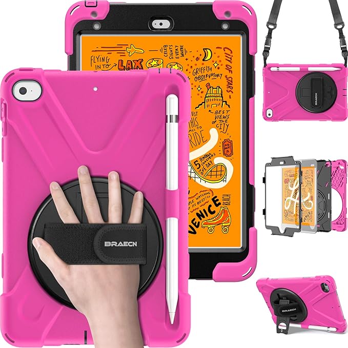BRAECN iPad mini 5 Case,iPad mini 4 Case, Heavy Duty Shockproof Protective Rugged Case with Pencil Holder,Hand Strap,Kickstand, Shoulder Strap for iPad mini 5th/4th Generation 7.9 Inch for Kids