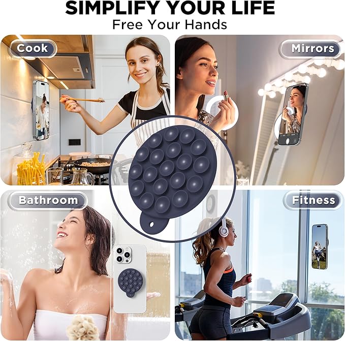 Magnetic Suction Cup Phone Mount for MagSafe Case, Silicone Hands-Free Grip Holder for iPhone and Android, Mirror Shower Phone Stand for Makeup FaceTime Gym Kitchen Bathroom, Midnight Blue