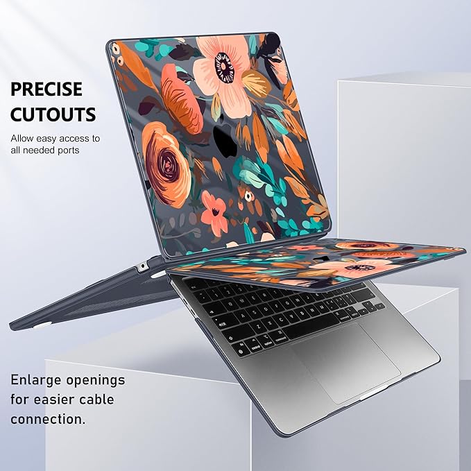 Case for MacBook Air 15 Inch 2025 2024 2023 Release M4 A3241 M3 A3114 M2 A2941, Hard Shell with Screen Protector & Keyboard Cover, Compatible with Touch ID, Florals Pattern