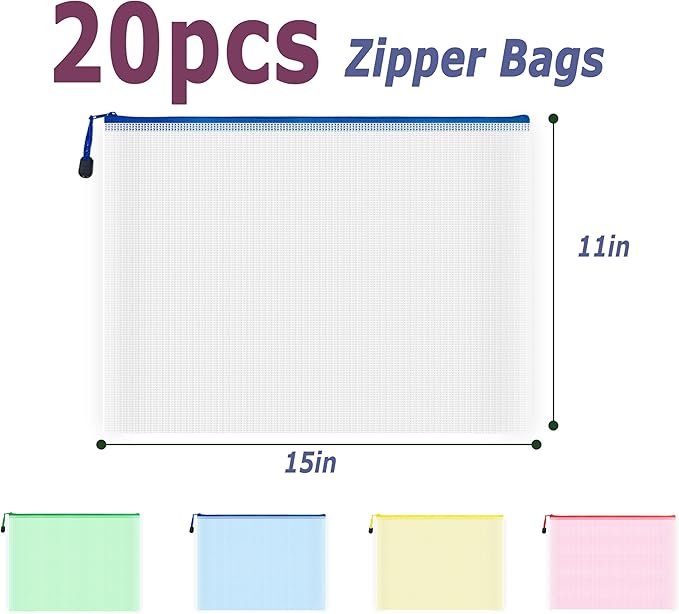 AUSTARK 20pcs Mesh Zipper Pouch Bags, Multipurpose Waterproof Organization Storage Bag for Office School Home Travel (B4 Size 15''x11'', Multicolored)