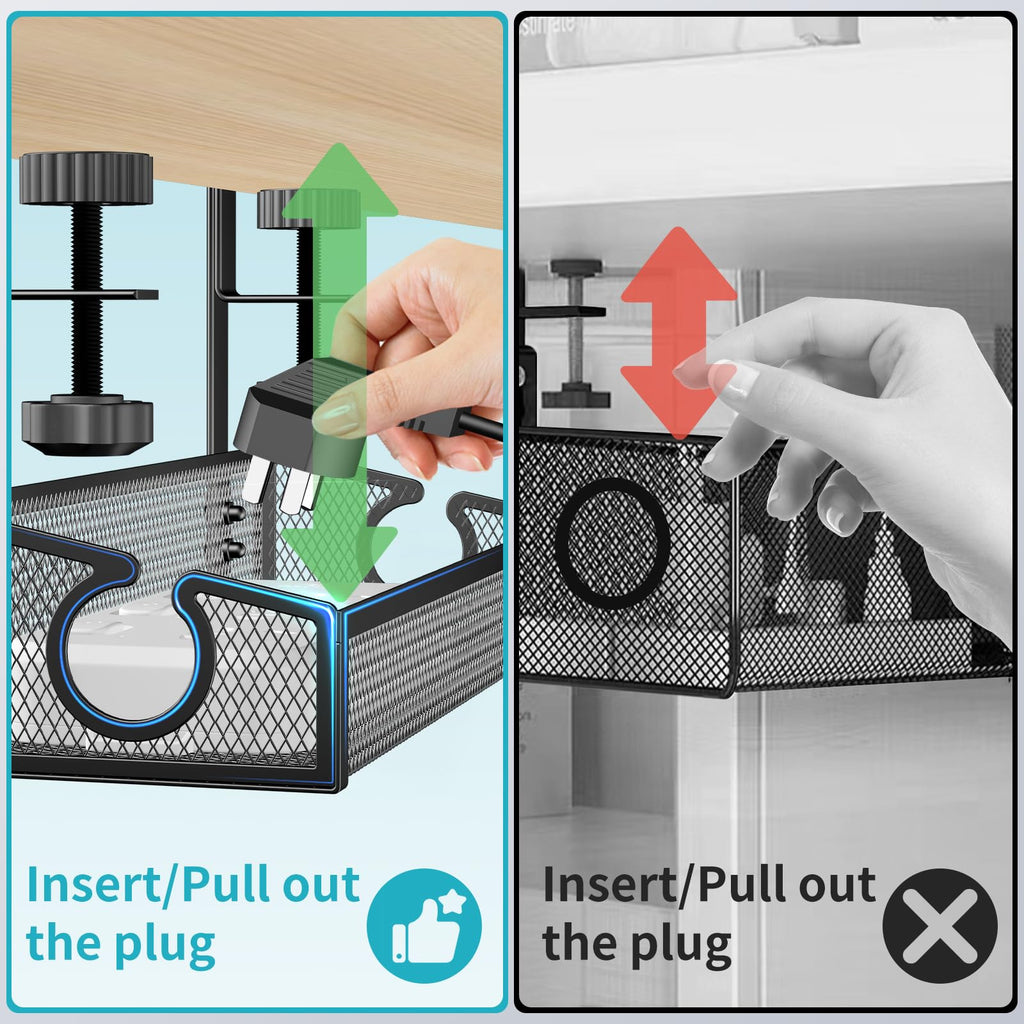 Under Desk Cable Management Tray Black, No Drill Desk Cable Management Organizer with Clamp for Desk Wire Management, PC Cord Organizer Accessories & Workspace Organizers for Office, Home(2 Pack)