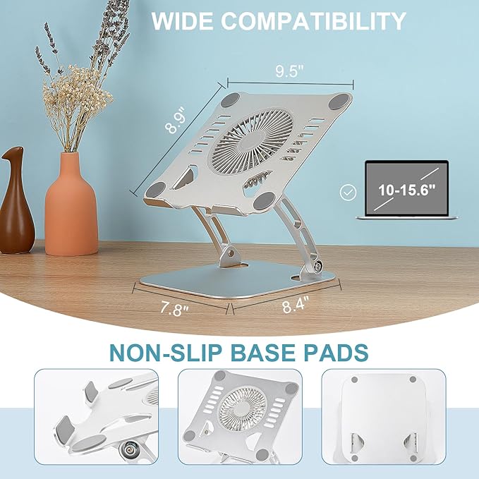 SHUWEI Laptop Cooling Stand with 3 Speed Fan, Adjustable Height Laptop Stand for Desk, Ergonimic Aluminum Laptop Cooling Pad for 10-15'' Notebook - Bule-Gray