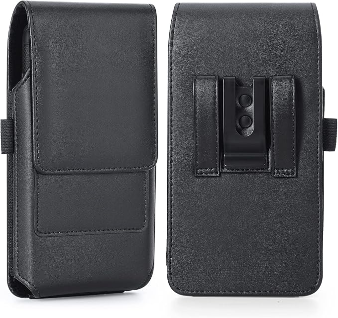 BECPLT Leather Holster Belt Case for iPhone 16 Pro/15/14/13/12/11 Pro & Galaxy S25/S24/S23/S22/S21/S20 - Slim Hard Case with Clip/Loops - Black