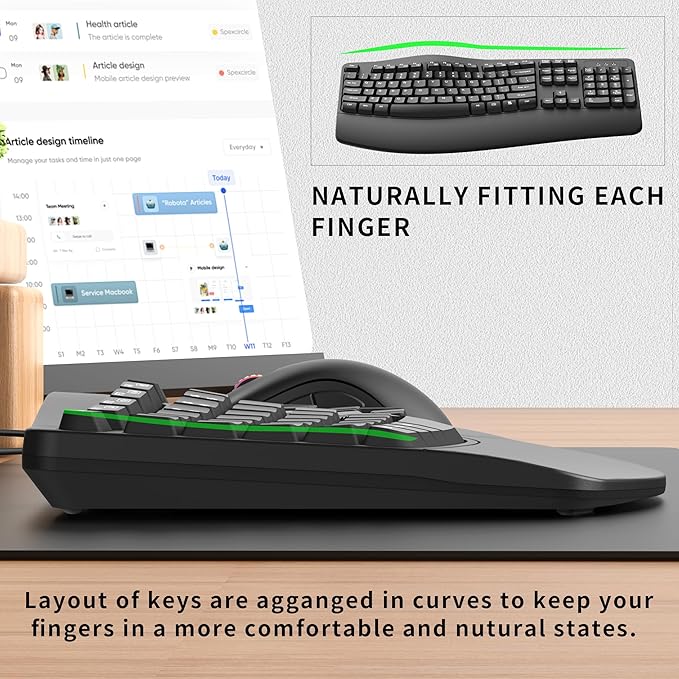 Ergonomic Keyboard, Wired Computer USB Keyboard with Wrist Rest, Spill-Resistant, Wave Keys for Natural Typing, Compatible with Windows/PC/Laptop(Black)