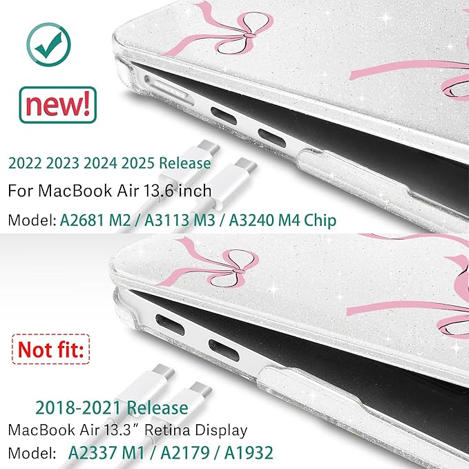 May Chen for MacBook Air 13.6 inch Case A3240 M4 A3113 M3 A2681 M2 with Retina Dispaly, 2025 2024 2023 2022 Release, Plastic Hard Shell Case with Screen Protector & Keyboard Cover, Clear Glitter Bow