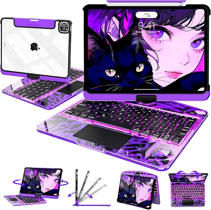 Intermerge Clear iPad A16 11th (2025) & 10th Generation 10.9" Case with Keyboard, 360° Transparent Multi-Touch Trackpad, 7-Color RGB Keyboard, Pencil Holder, Type-C, Power Indicator, Neon Pulse
