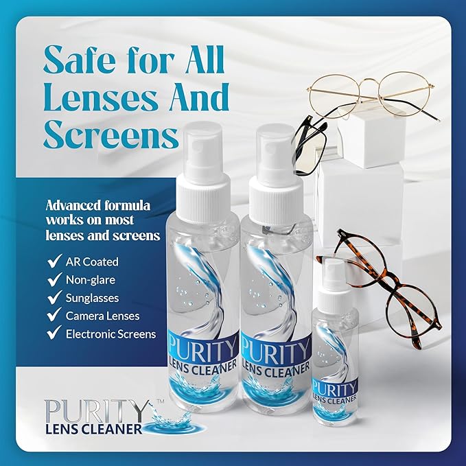 Purity Eyeglass Lens Cleaner Kit - 2 x 8oz and 1 x 2oz Lens Cleaner Spray Bottle + 2 Microfiber Cleaning Cloths - Safe for All Lenses (AR Coated Included), Eyeglasses and Screens - Clear