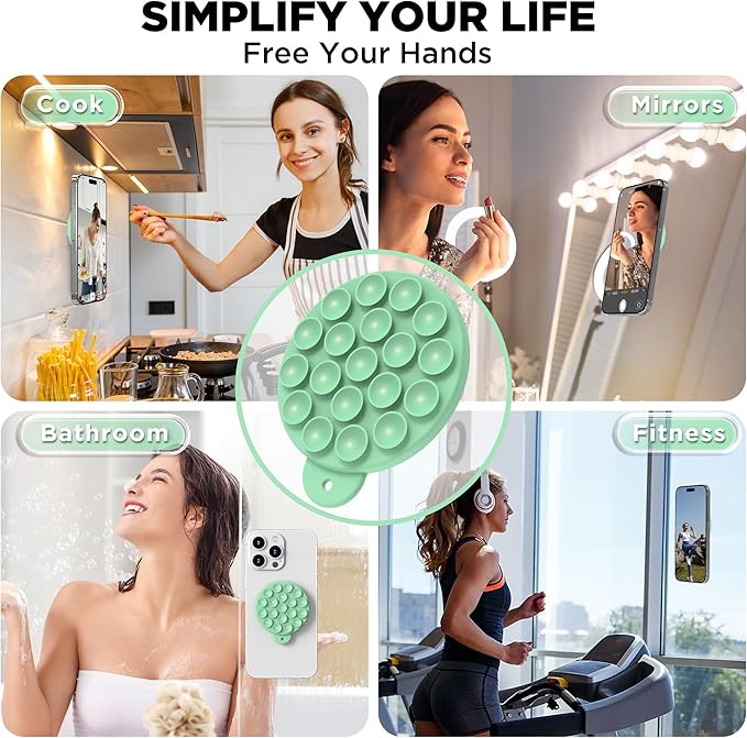 Magnetic Suction Cup Phone Mount for MagSafe Case, Silicone Hands-Free Grip Holder for iPhone and Android, Mirror Shower Phone Stand for Makeup FaceTime Gym Kitchen Bathroom, Spearmint Green
