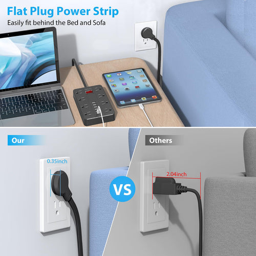 10 Ft Extension Cord Power Strip, SMNICE 8 Widely Spaced Outlets and 6 USB (1 USB C) Charging Ports Flat Plug Power Strip, Desktop Power Cord for Travel Home Office Accessories Black