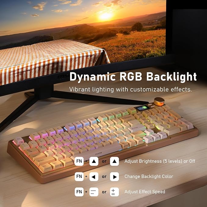 iRocks K85R Wireless RGB Backlit Mechanical Gaming Keyboard with LCD Display, Hot-Swappable Pre-lubed Brown Switches, 98 PBT Keys, USB-C Detachable Cable (Light Golden, Bubble Switch)