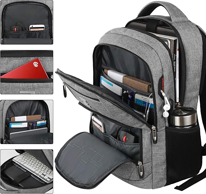 17 Inch Laptop Backpack, Business Anti Theft Slim Durable Laptops Backpack with USB Charging Port, Water Resistant College Computer Bag Gifts for Men & Women Fits 15.6 Inch Notebook-Grey