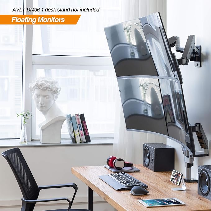 AVLT Dual Monitor Arm Wall Mount for 13-32" Screens, Full Motion - Silver