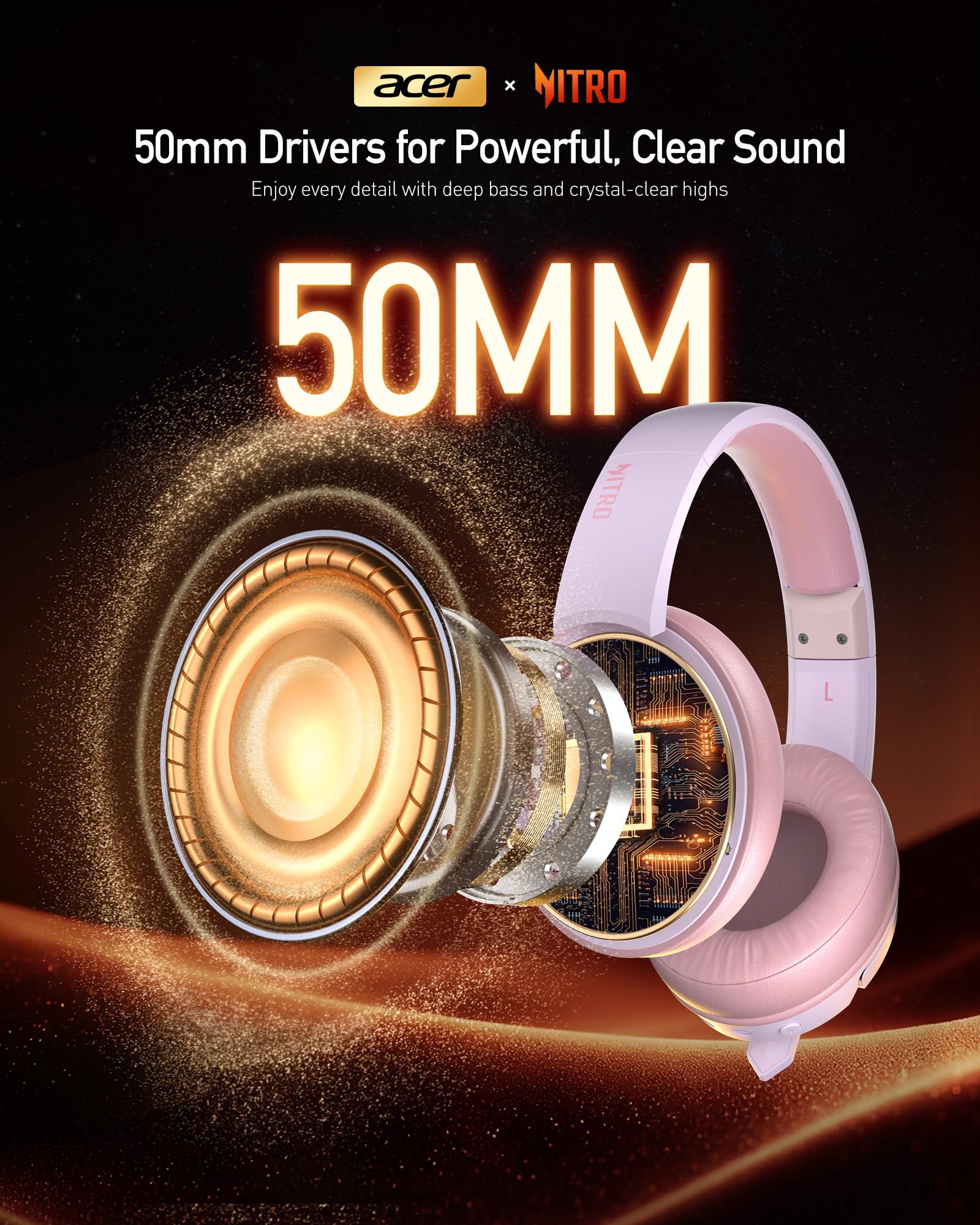 acer Wireless Gaming Headset, PS5 Headset with 2.4GHz for Ps5, Ps4, PC, Switch, Bluetooth 5.3 + 100Hrs Gaming Headphones with Noise Canceling Mic for Laptop, Mobile, Mac, 50mm Drivers (Pink)