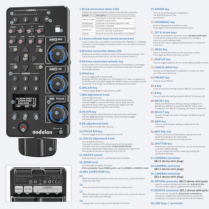 Wireless and Wired Remote Commander & Lanc Camera Zoom Controller for Sony – Focus, Iris, Zoom, ND Adjust, Daisy Chain – Replaces Sony RM-30BP – Compatible with HXR-NX5R, PXW-FS7,PXW-Z280, MCX-500