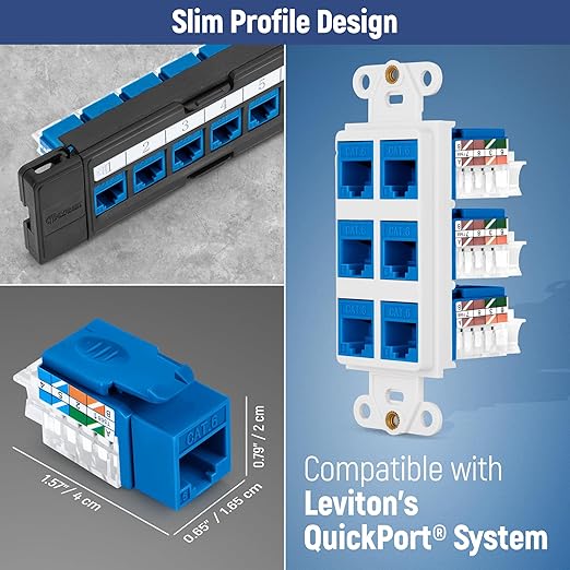 Everest 45° Angled RJ45 Cat6 Keystone Jacks 100-Pack in Blue - Slim Profile Female RJ45 Connectors - Cat 6 Keystone Jack - Compatible with 45° Angled Speed Termination Tool - 45Term (B0BL3GS7ZY)
