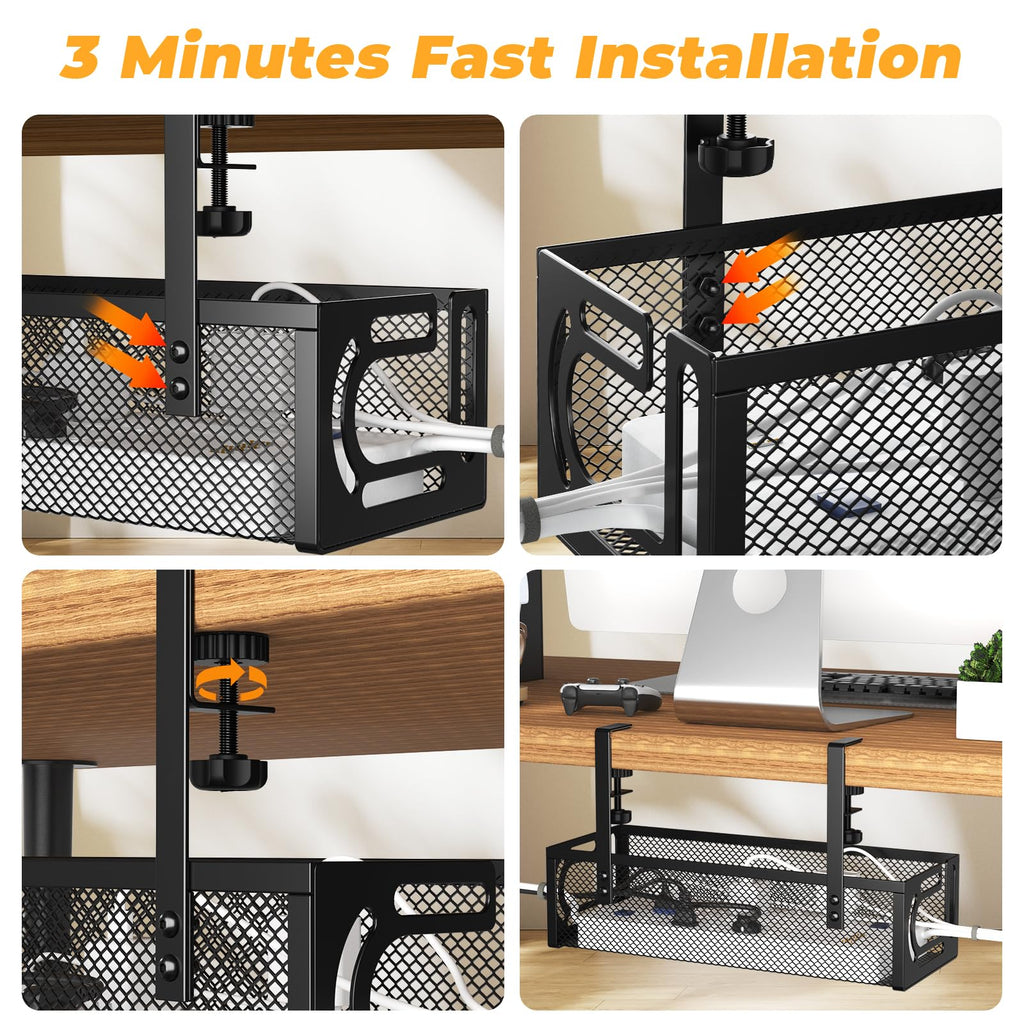 Under Desk Cable Management Tray, 15.7'' No Drill Steel Desk Cable Organizers, Wire Management Tray Cable Management Rack (1 Pack-Black)
