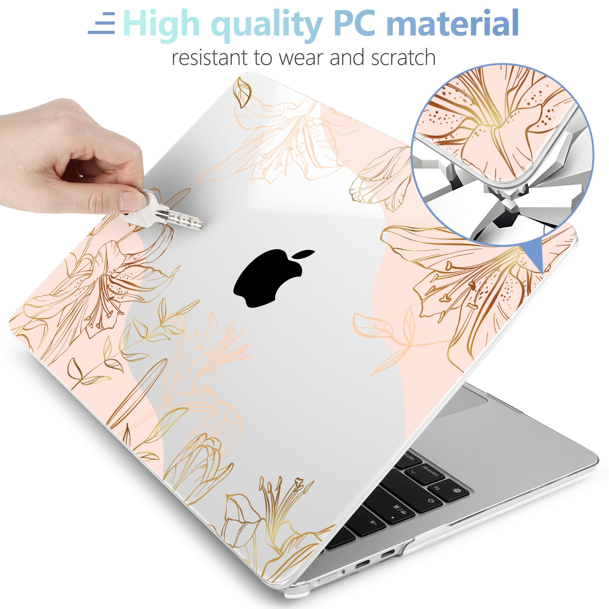 MEEgoodo for M5/M4/M3/M2 MacBook Air 15 inch Case 2026 2025 2024 2023, Case Fit Model (A3448/A3241/A3114/A2941) for MacBook Air 15.3 inch, Gold Flowers Lilies
