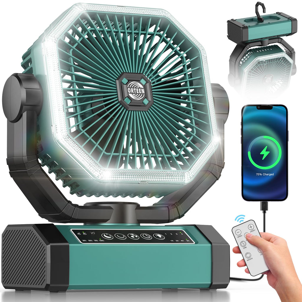 Portable Rechargeable Fan - 9-Inch Camping Fan for Tent, 24000mAh(60Hrs) Battery Operated Fan for Camping, Auto Oscillation Cordless Fans, Tent Fan with Remote/Light, 4 Speeds, 4 Timing, Outdoor
