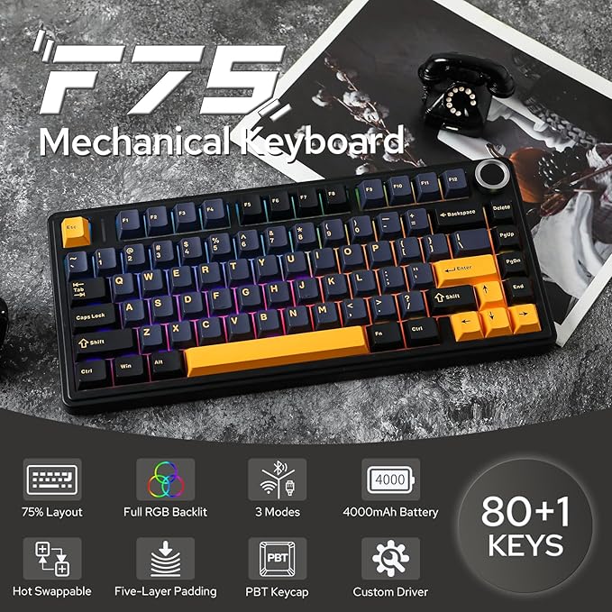 EPOMAKER x Aula F75 Gasket Mechanical Keyboard, 75% Wireless Hot Swappable Gaming Keyboard with Five-Layer Padding&Knob, Bluetooth/2.4GHz/USB-C, RGB (Black, Ice Vein Switch)