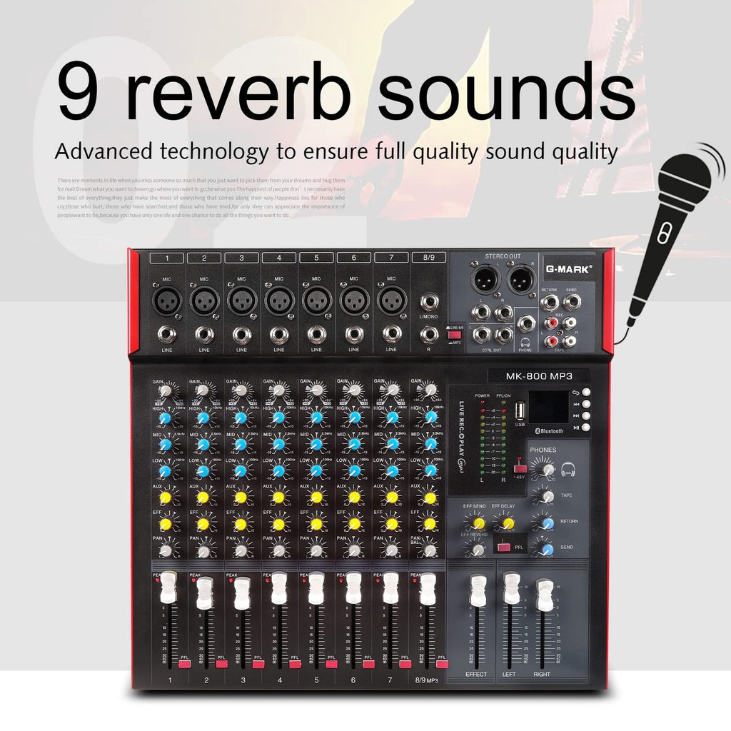 G-MARK MK800MP3 Professional Audio Mixer Sound Board 8 Channels Mixing Console with MP3 Player +48V Phantom Power Digital USB Bluetooth Reverb DJ Mixer Audio for PC Karaoke Stage Studio Recording