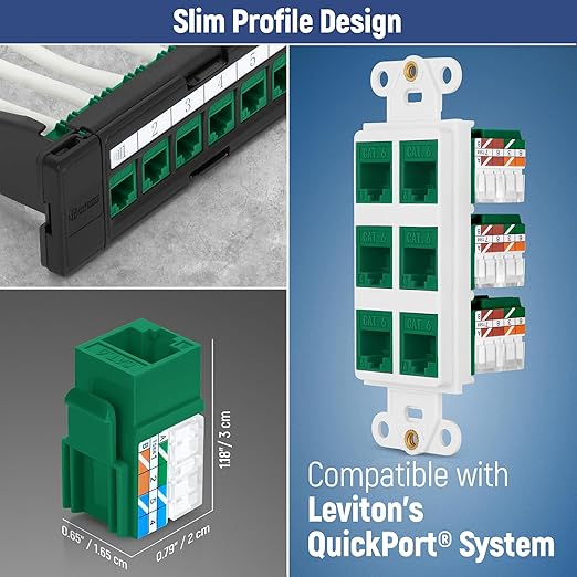 Everest 90° Angled RJ45 Cat6A Keystone Jacks 10-Pack in Green - Slim Profile Female RJ45 Connectors - Cat 6A Keystone Jack - Compatible with 90° Angled Speed Termination Tool - easyJACK (B094WB91H3)