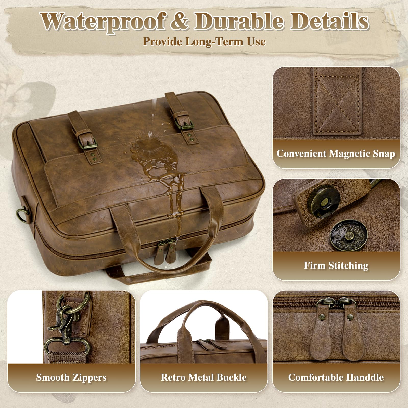 RAINSMORE Messenger Bag for Men 16 Inch Laptop Bag Vintage Leather Waterproof Laptop Briefcases Large Computer Bags Retro Satchel Shoulder Bag for Work，Business，Office，College