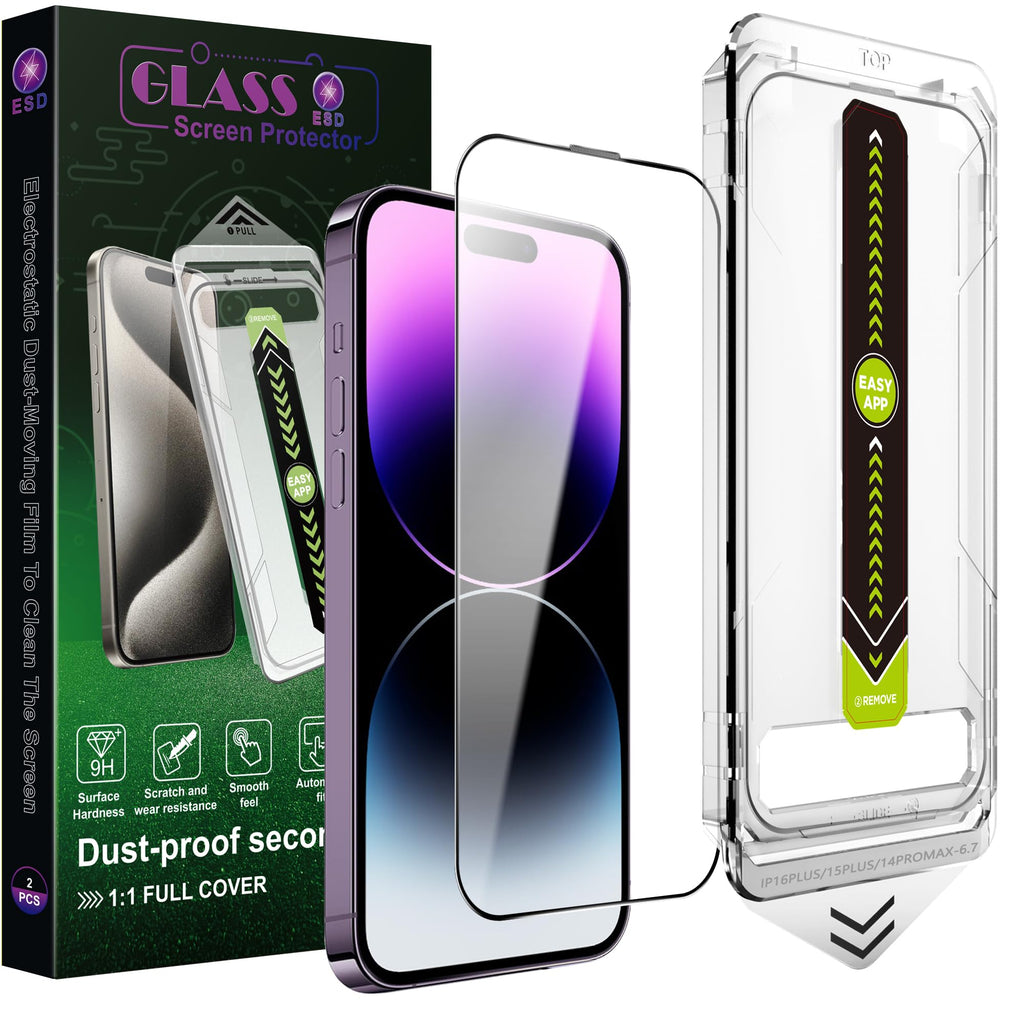 SY SHANGYAN 2 Pack Ultra HD Clear Screen Protector for iPhone 14 Pro Max/15 Plus/16 Plus (6.7-Inch),9H Tempered Glass,Full Coverage,Anti-Fingerprint,Auto Dust Removal,Bubble-Free,Easy Installation