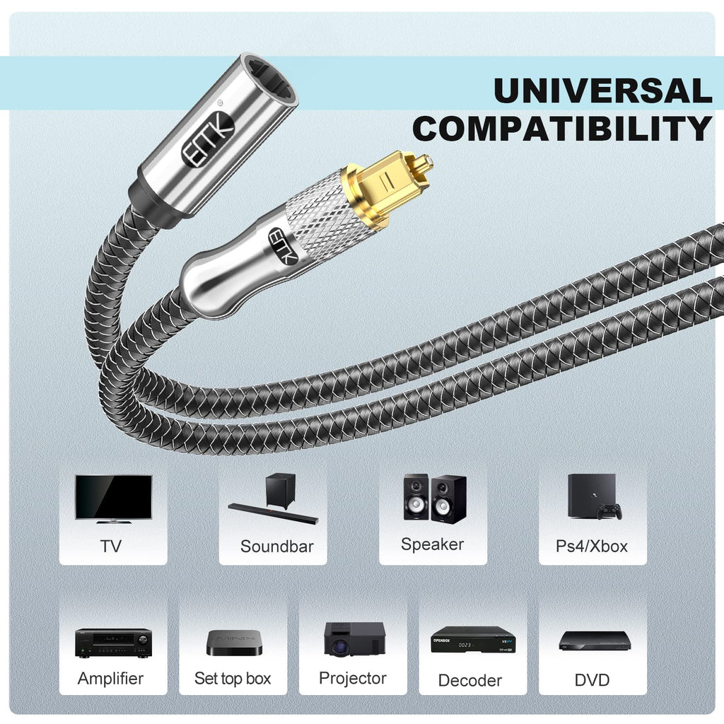 EMK Optical Cable Extension, 24K Gold-Plated Optical Audio Cable Toslink Female to Male Audio Extended Cable Compatible for Sound Bar,Home Theater (3 Feet/1M, Optic Extension, Silver2)