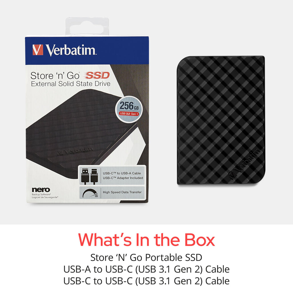 Verbatim 256GB Portable SSD External Hard Drive Store ‘n’ Go USB 3.2 Gen 1 USB-C Adapter Included - External Solid State Drive
