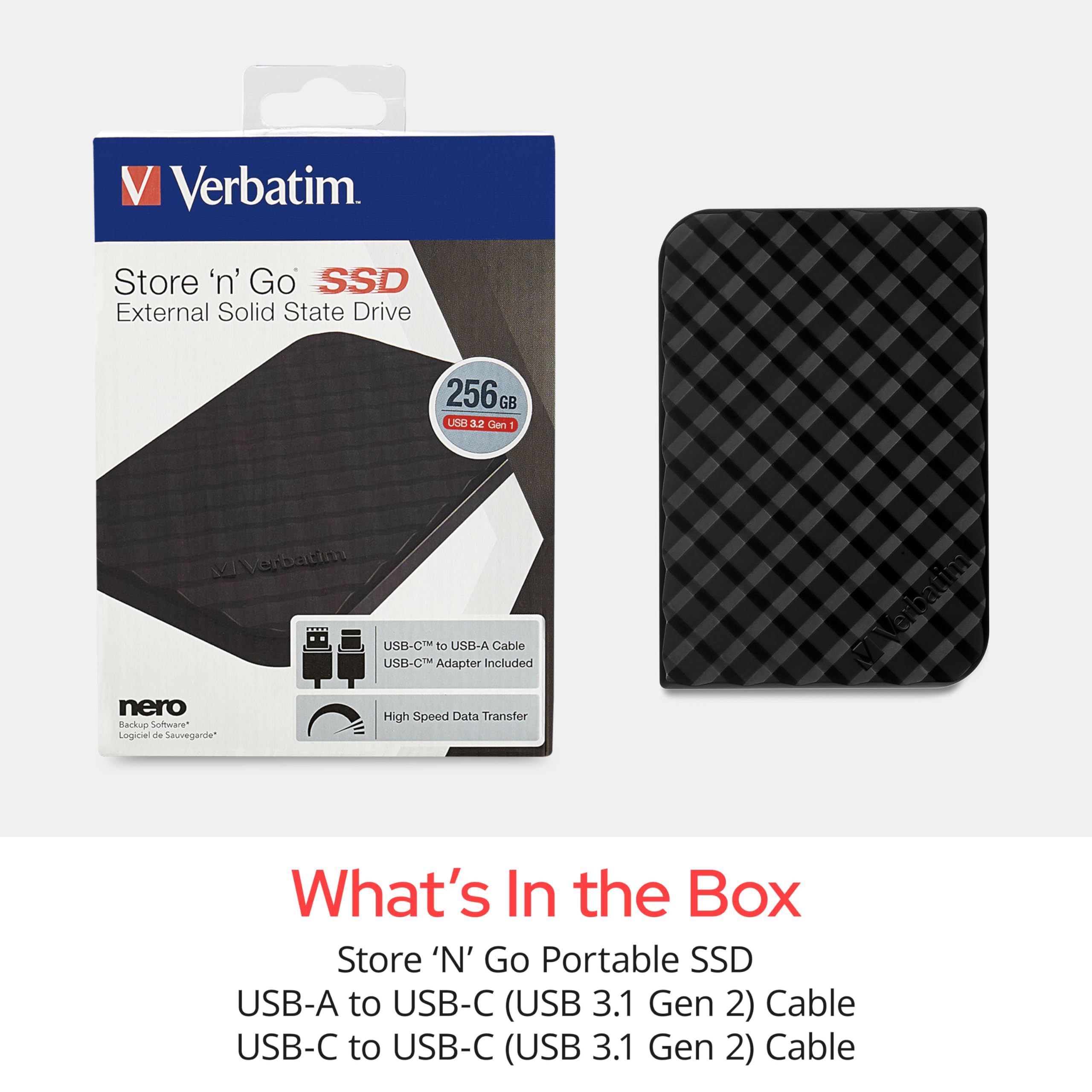 Verbatim 256GB Portable SSD External Hard Drive Store ‘n’ Go USB 3.2 Gen 1 USB-C Adapter Included - External Solid State Drive