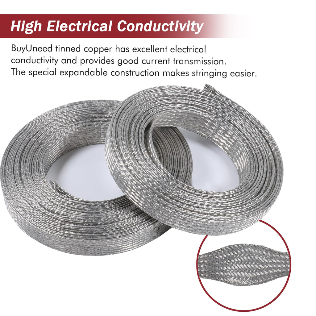 BuyUneed Tinned Copper Metal Braid Sleeving Wire Shielding 1/2inch-13ft