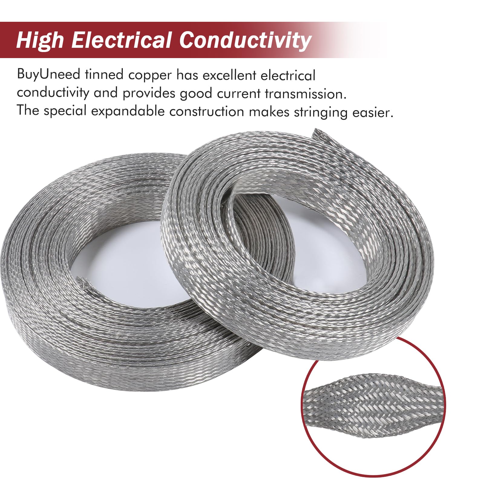 BuyUneed Tinned Copper Metal Braid Sleeving Wire Shielding 1/2inch-13ft