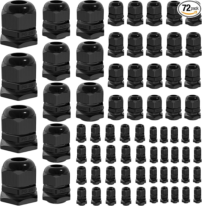 Joinfworld 72pcs Cable Glands Kit Waterproof Strain Relief Cord Connector Grip Weatherproof Cable Pass Through PG7 1/4" 1/2" 3/4" 1" NPT Wire Grommet