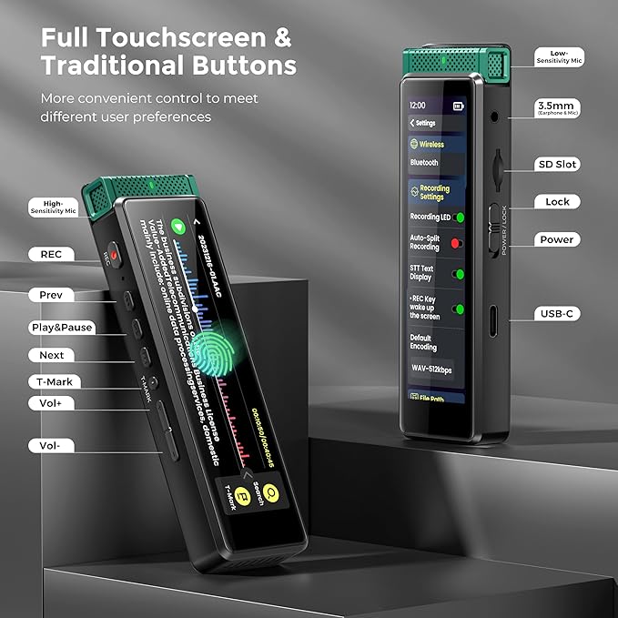 136GB Digital Voice Recorder with Playback, Innioasis R1 Full Touchscreen Voice Recorder with Bluetooth, Voice Activated Sound Audio Recorder Device with Mic (Green)