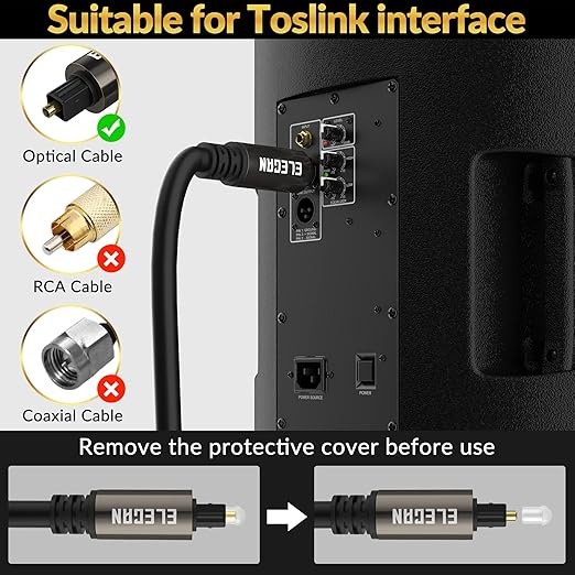Elecan Optical Audio Cable 150 Ft Digital Audio Toslink Cable Cord-Fiber Optic-Gold Plated-Flexiable&Durable-for Home Theater,Sound Bar,PS4&Xbox-with 4 Right Angled and Mini Toslink Adapters+Ties