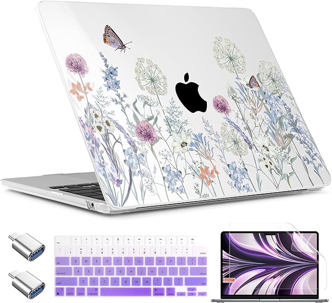 TWOLSKOO Compatible with M4 MacBook Air 15 inch Case 2025-2023 Released Model M4 A3241 M3 A3114 M2 A2941, Plastic Hard Shell & Screen Protector & Keyboard Cover & Type C Adapter, Dandelions
