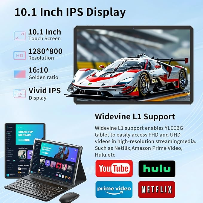 Android Tablet with Keyboard,10 inch Android 15 tablet, 24GB RAM 128GB ROM, 1TB Expand, Octa-Core, Widevine L1, 2.4G/5G WiFi, 8000mAh, Bluetooth, GMS, 2 in 1 Tablet with Case, Mouse, Stylus (Black)