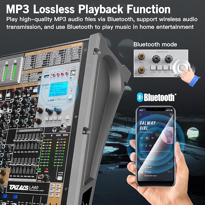 Professional Audio Mixer, 12 Channel Sound Board Mixing Console, Dual DSP Reverb Studio Mixer Board, Dual 7-Band EQ, 48V Phantom Power, 4 Group Stereo Output Input, PAD